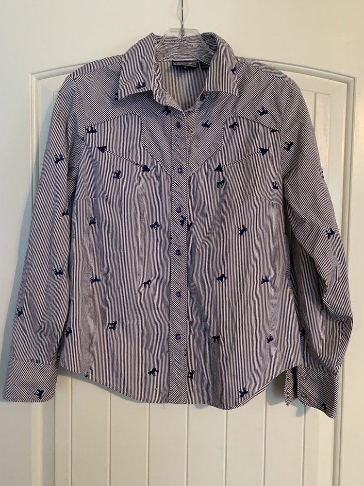 Vtg ROUGHRIDER By Circle T Western BUCKING BRONCO Button Up Shirt Women’s M Blue