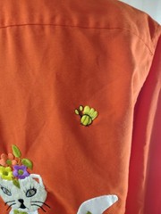 Vtg 70s Orange Western Shirt Flower Crown Cat Applique Embroidered Novelty M 14