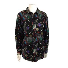 Vintage 90s Western Novelty Print Shirt Open Back Flap Panhandle Slim USA M ^
