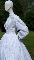 BEAUTIFUL 1860’S SUMMER COTTON DRESS W BISHOP SLEEVES + RUCH PIPED SEAMS