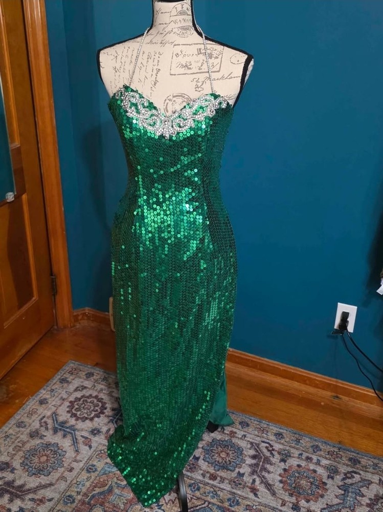 Vintage 80s Loralie Emerald Green Sequin Gown – Strapless Halter Formal