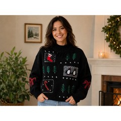 Vintage Christmas Sweater Women Large Black Fringed Mock Neck Penguin Stocking