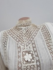 Antique Edwardian 1930s White Cotton Lace Blouse High Neck Semi Sheer/ Display