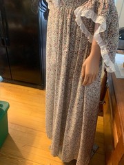 VTG Womens Prairie Colonial Patriotic Handmade long beige calico Dress &Slip M