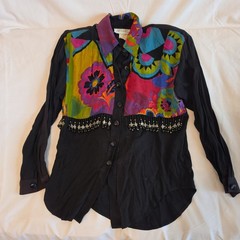 Vintage D. Frank Women’s Colorful blouse Size 8 Hanging black Beads Elastic