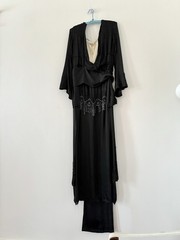 Early 1900s Beaded/Embellished Silk Satin Bell Sleeve Gown Fringe Trim Titanic