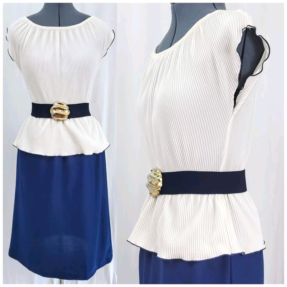 Vintage White & Navy Blue Dress w Ruffled Waist/Peplum & Belt Size XS/S?