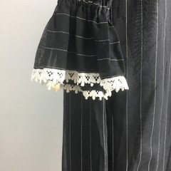 Vtg Saks Fifth Avenue Dress Black Pinstripe High Neck Bib Front LS Maxi XS-S