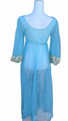 Vintage 1960s Blue Nylon Peignoir Robe With Chantilly Lace Juliette Style
