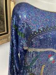 80’s Judith Ann Creations Blouse Top Sz M Silk Sequins Beads Blue Art to Wear