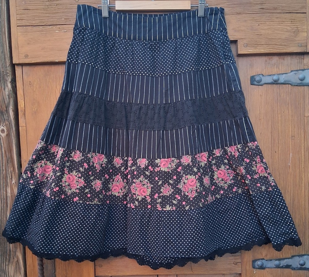 Candies Vintage Womens Size 7 Tiered Black Polka Dot Striped Floral Lace Trim