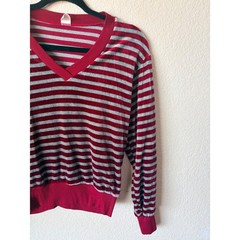 Vintage 80s Red Grey Striped Velour V-Neck Pullover Top Womens Small Singapore