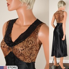 💖 VTG CALIFORNIA DYNASTY Slip Dress S Gown Black Satin Stretch Lace Bodice