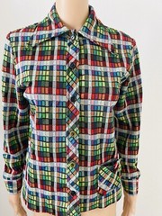 VTG 70s JC Penney Fashions Button Up Poly Tartan Plaid Shirt Top Wide Lapel M**