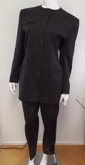 Vintage 1980s Claude Montana Gray Wool Pant Suit Jacket Blazer Shoulder Pads SM