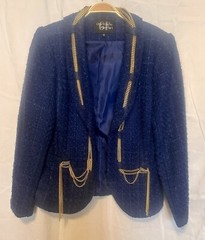 Vintage Giancarlo Ferrari Jacket Royal Blue Gold Metal Chains 10 Tweed Satin Lin