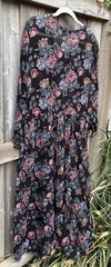 Vintage Nostalgia Dress Black Floral L Long Sleeve Button Ruffled Semi-Sheer