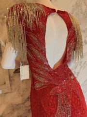 Vintage Alyce Designs Red Beaded Silk Gown Size 6 Open Back Fringe Dress NWT
