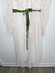 Vtg 70’s Prom Dress White w/ Pink Flocked Roses Green Velvet Belt High Waist