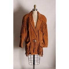 1980s Tan Brown Leather Long Sleeve Fringe Western Coat by Frontier Collection