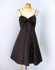 Vtg 80s black taffeta bustier swing prom dress gold glitter bow tulle lining S