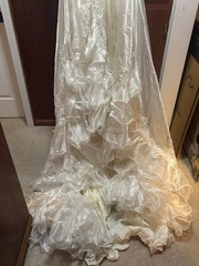 Vintage Size 10 Wedding Dress, Puffed Sleeves, High Neck, Long Train