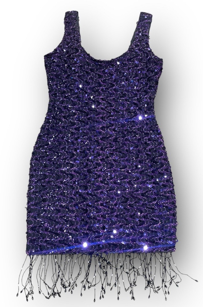 Vtg David Howard Climax Karen Okada Sz 11 Purple Sequin Fringe Mini Dress Party