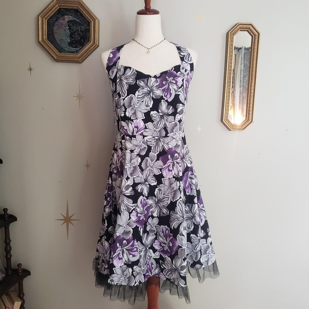 Vintage iHot Floral Swing Dress XL / XXL Rockabilly, Retro, Pin Up Purple