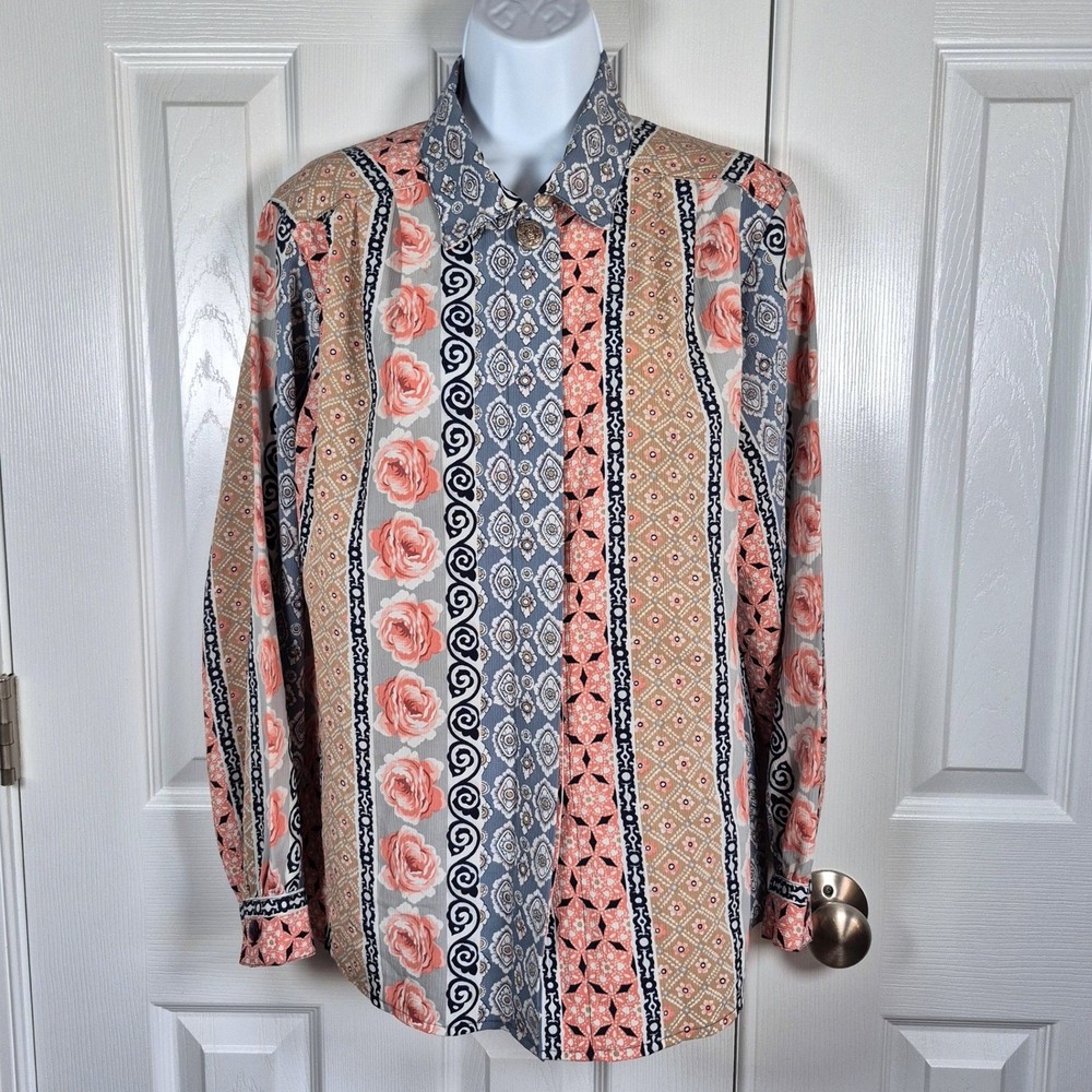 Vintage button down shirt floral pink black Notations womens 8