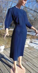 VTG 40s Blue Rayon Crepe Dress Lots of neat 40s details XL 42B