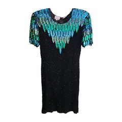 Vintage Stenay Womens Sz M 100% Silk Sequin Beaded Dress Party Glam Gown 80s 90s