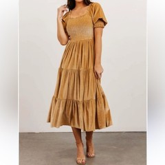 Baltic Born Vivaldi Tan Velvet Smocked Chest Tiered Dress. Size Large. NWT.