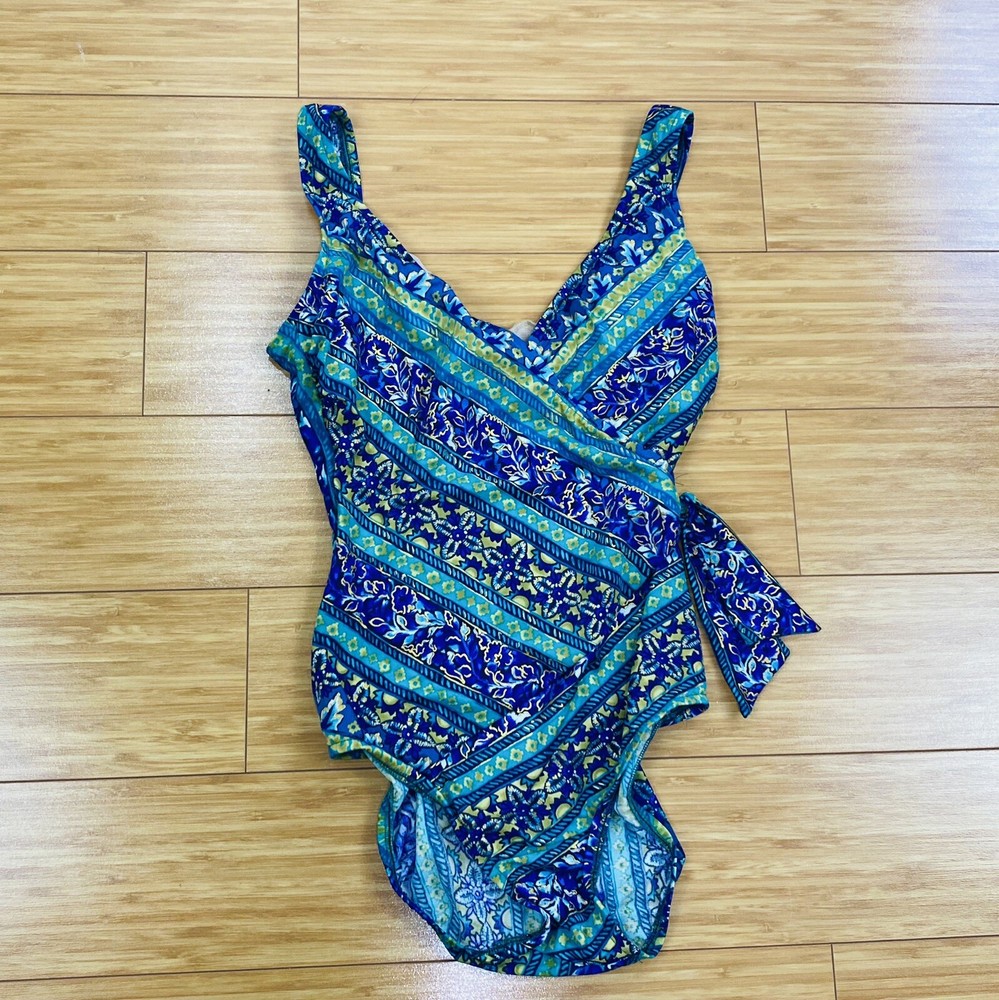 Vintage Cole of California Green Blue White Multicolor Swimsuit Size 8. 60s 70s