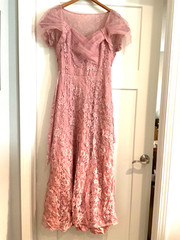 1940-50’s Dusty Rose Formal Dress Taffeta w/ Floral Lace & Tulle Overlay, Peplum