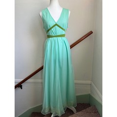 Vintage Maxi Nightgown Dress Mint Green Velvet Ribbon Lace Trim Ethereal MCM