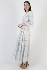 Mexican Pintuck Wedding Dress Vtg Blue Folklorico Puebla Bell Angel Sleeve Gown