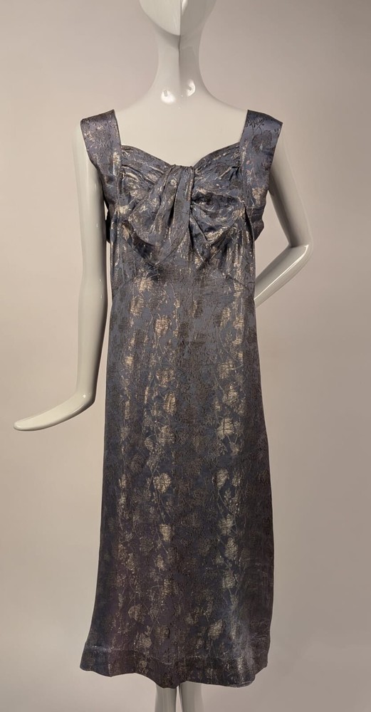 1930’S METALLIC SILVER LAME DRESS W LEAF PATTERN