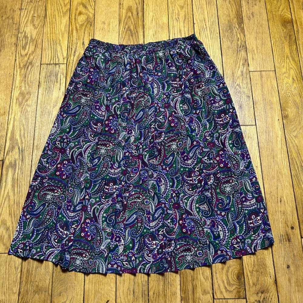 Vintage Leslie Fay Vintage Paisley Midi Skirt Green Purple Red Elastic 14P