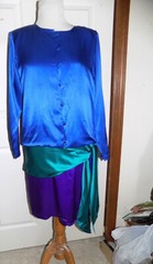 Vintage 80s Blue Purple Aqua Silk Studio Dress Size 6 Dropped Waist Sash B40 *