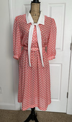 70s Peachy Pink & White Polka Dot Sheer Dress SIZE 10 Union Made w/ Belt Scarf