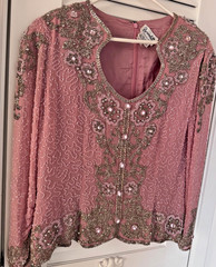 Vintage Bernadette Beaded Blouse Shirt Pink & Silver Long Sleeve Silk 2X