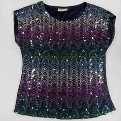 Vintage 80s Joseph II Sequin Chevron Top Knit Blouse Made in USA Metallic Size M