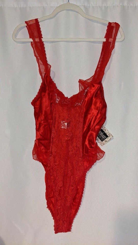 RARE VINTAGE MIDNIGHT HOUR SILKY RED ROSE NYLON CHIFFON BODYSUIT TEDDY NWT! Med
