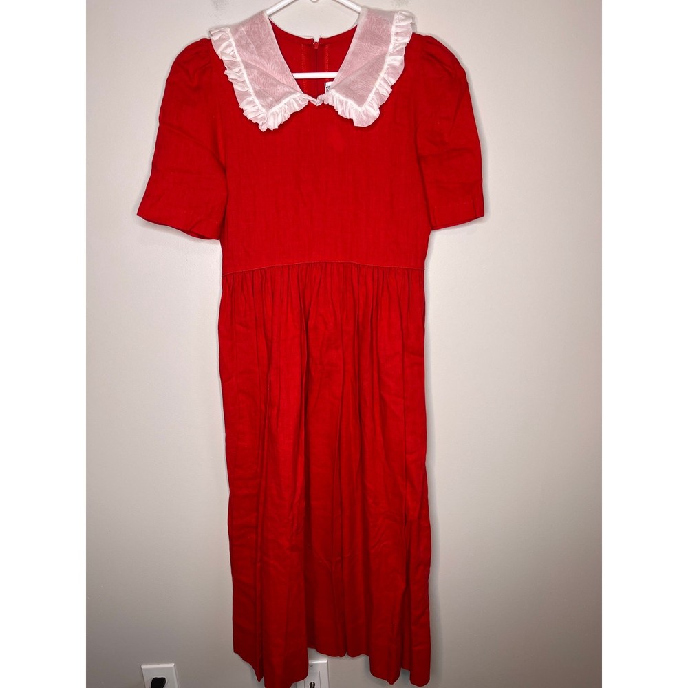 1980s Caseros Imports Red White Ruffle Collar Coquette Cottage Tea Party Dress M