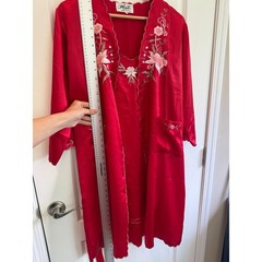 Vintage 100% Silk Peignoir Set Robe Nightgown Embroidered Red Floral Large