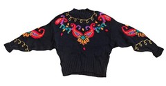 VTG 80s REBECCA STONE Chunky Knit Floral Embroidered Sweater Sz M Ramie Cotton