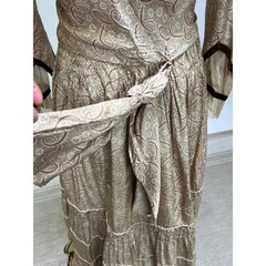 Antique Victorian Beige Printed Silk Two Piece Set Velvet Trim Net Lace Smocking
