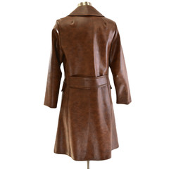 60s Vintage Brown Faux Leather Coat Womens M Double Breasted Mod Trench Jacket