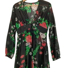 Vintage 1970s Sheer Dress Robe Size 5-6 Black Daisy Floral Hippie Boho