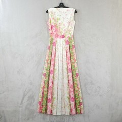 Vtg Floral Maxi Dress Pink Green Sleeveless Pleated Skirt Boatneck Occasion 60s